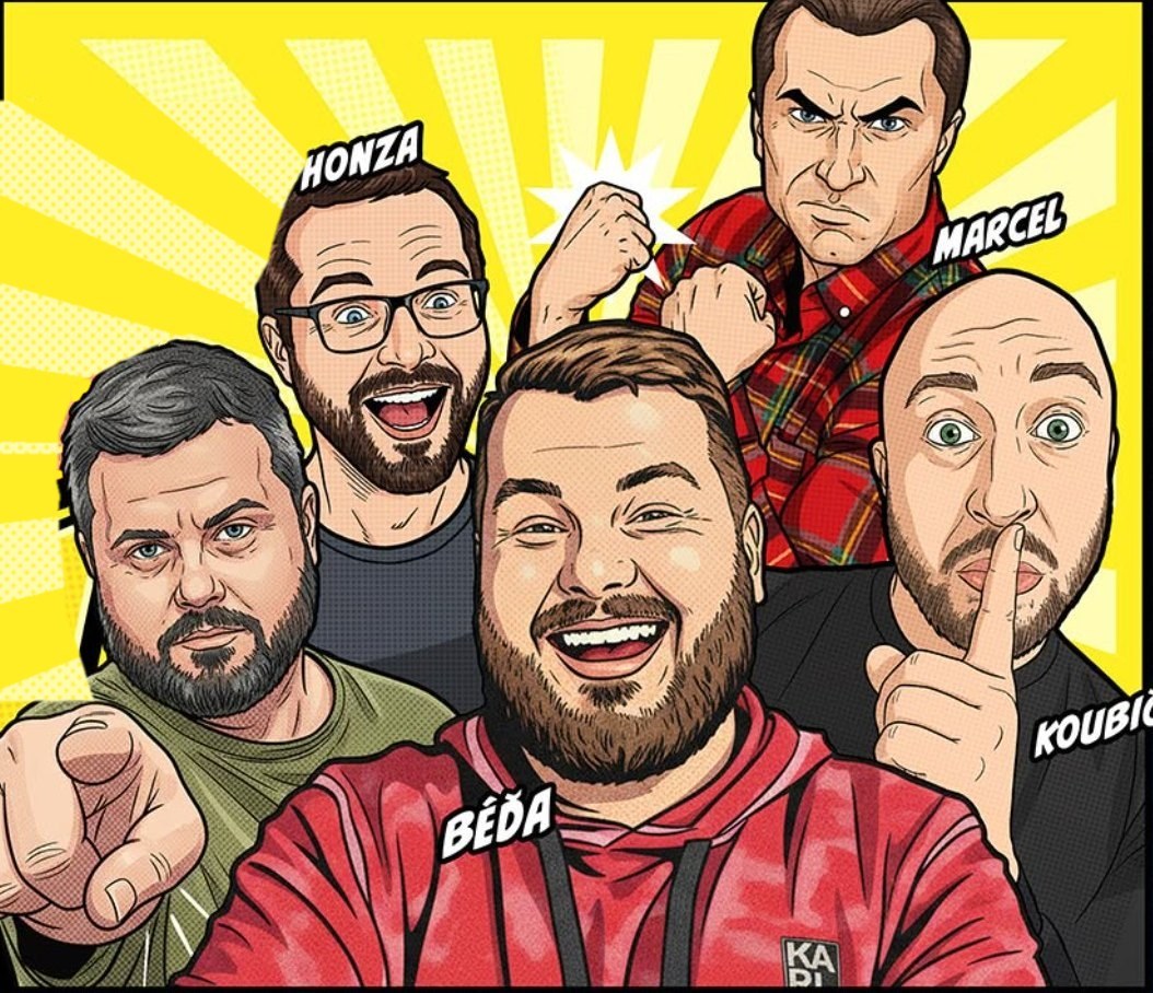 Kreslený portrét party Žerty stranou: Petr, Honza, Běďa, Marcel a Koubič